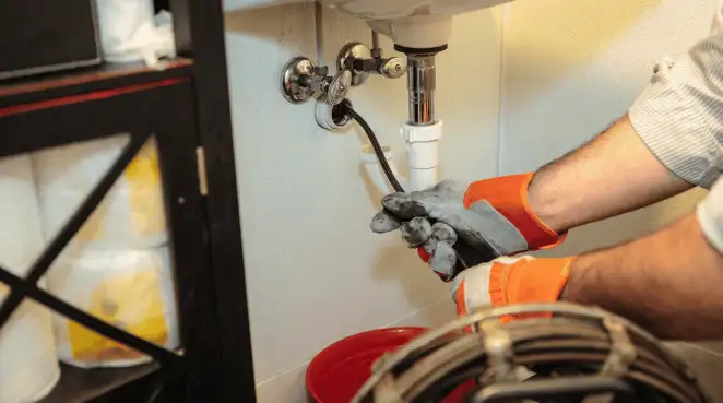Drain cleaning technician using a motorized plumbing snake to clear a clogged sink pipe in Minneapolis, MN